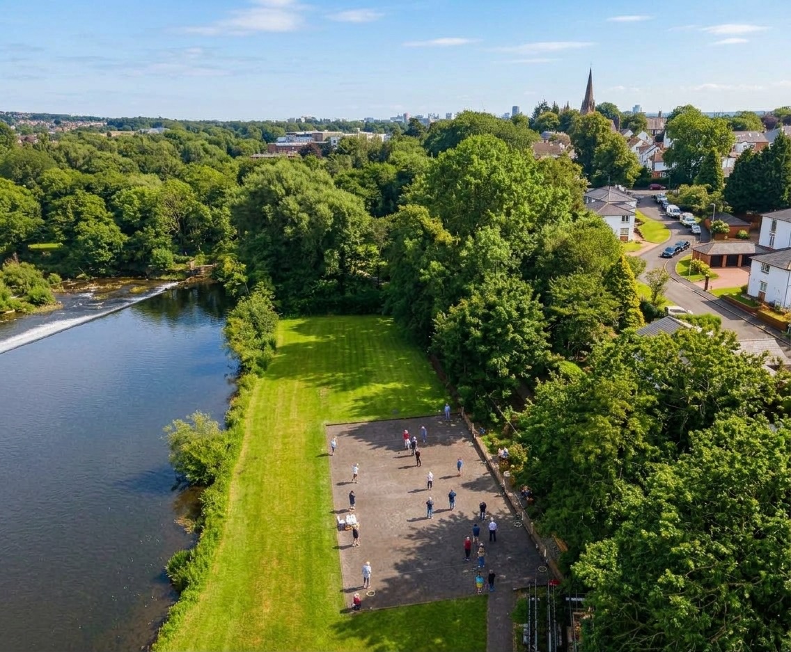 Aerial view of the pétanque pistes beside the River Taff