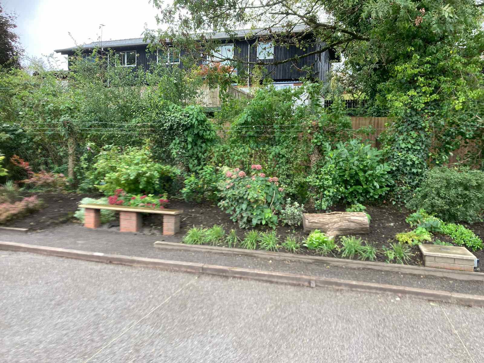 Planted border beside the pistes with shrubs, flowers, a log and a brick bench